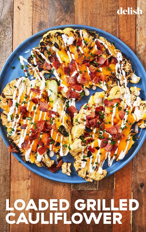 Load up on this low-carb Loaded Grilled Cauliflower. Get the recipe from Delish.com. #loaded #grilled #cauliflower #recipe #cheese #bacon #keto Cauliflower On The Blackstone, Cauliflower Recipes Grilled, Loaded Cauliflower Steaks, Keto Grill Recipes, Healthy Food Truck, Cheesy Cauliflower Steaks, Grilled Cauliflower Steak, Grilled Cauliflower Steaks, Cauliflower Grilled