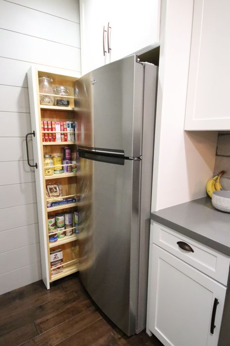 Slim Pull Out Kitchen Cabinet, Narrow Kitchen Cupboard Ideas, Pull Out Kitchen Pantry, Pop Out Pantry, Pull Out Pantry Beside Refrigerator, Small Pantry With Fridge Design Ideas, Vertical Pull Out Cabinet, Small Pull Out Pantry, Narrow Pull Out Pantry