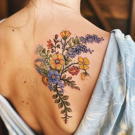 Wild Flower Tattoo Ideas, Wildflower Cover Up Tattoo, Wildflower Foot Tattoo, Large Ankle Tattoo, Herbal Tattoo Ideas, Wildflower Tattoo Ribs, Wildflower Back Tattoo, Feminine Tattoo Sleeves Flowers, Wild Flower Bouquet Tattoo