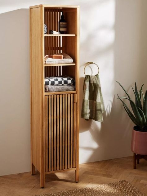 Slatted Bathroom Furniture Full Height Bathroom Cabinets, Bathroom Decor Storage Ideas, Bathroom With Open Shelving, Modern Bathroom Storage Ideas, Bathroom Towel Cabinet, Slatted Bathroom, Towel Storage For Small Bathroom, Bathroom Shelving Ideas, Bathroom Storage Ideas For Small Spaces