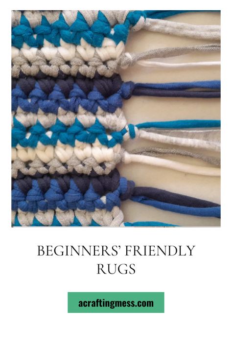 A tutorial with images, guiding you to crocheting 3 variations of Tshirt yarn rugs. Ideal for beginners, with plenty of accompanying tutorials to help you out. T Shirt Rug Diy, Diy Rugs Easy, Crochet Rag Rugs, Yarn Rugs Diy How To Make, How To Crochet A Rug, How To Make A Rug Out Of Fabric, Tshirt Rug Diy, Tshirt Rug Crochet, Diy Rugs Easy Large Living Room