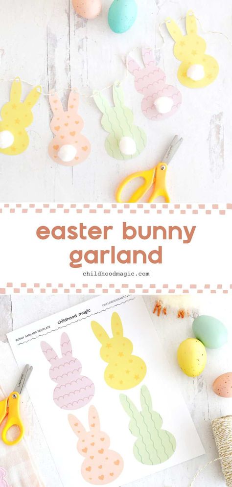 Easter Bunny Garland Craft (With Free Printable!) - Childhood Magic Easter Garland Craft For Kids, Free Printable Easter Decorations, Bunny Birthday Decor, Easter Garland Diy, Easter Bunny Printable, Easter Bunny Garland, Easter Countdown, Garland Craft, Bunny Garland