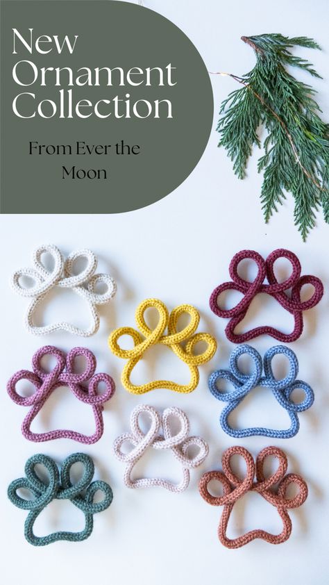 Paw print ornaments made from knitted yarn and wire - shop today from Ever the Moon, fiber artist Holiday Macrame, Paw Print Ornament, Fiber Artist, Moon Design, Geometric Wall, Seattle Washington, How To Make Ornaments, Knitting Yarn, Paw Print