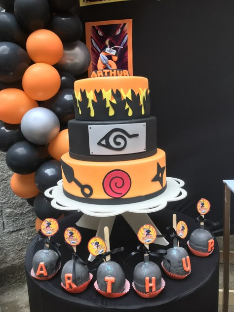 Naruto Cake Ideas Birthdays, Anime Birthday Decorations, Anime Birthday Cake Ideas, Cakepops Ideas, Naruto Cake, Bolo Naruto, Naruto Birthday, Anime Birthday, Anime Cake