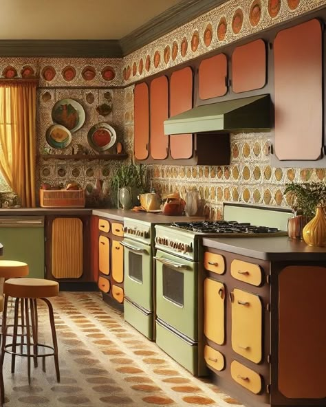 70s Orange Kitchen, Retro Themed Kitchen, Funky Kitchen Ideas Bohemian, 70s Boho Kitchen, Retro Orange Kitchen, 1950s Homes Interior, 70s Mushroom Kitchen, 70s Home Aesthetic Kitchen, 70s Themed Kitchen