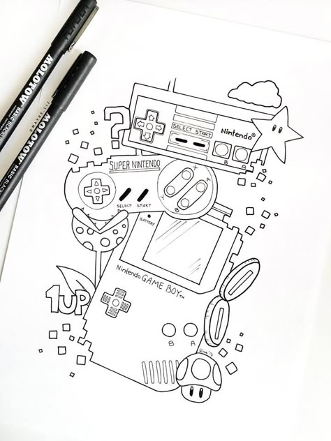 ILLUSTRATION NINTENDO✖️ OUTLINES Super Mario Sketch, Nintendo Tattoo Ideas, Pokemon Drawings Sketches, Simple Tattoo Outlines, Nintendo Tattoo, Drawing Outlines, Tattoo Graffiti, ليلو وستيتش, Cartoon Tattoo