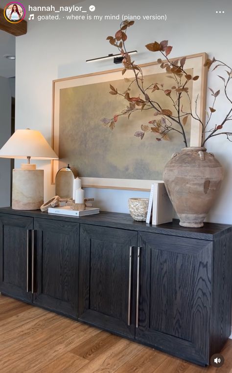 Gallery Wall Over Credenza, Entry Buffet Table Decor, Tv Buffet Decor, Living Room Buffet Cabinet, Anthropologie Interior Design, End Hallway Decor, Styling A Credenza, Entry Cabinet Decor, Credenza Styling Living Room