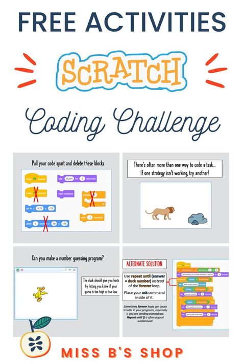 Looking for coding resources for kids? These activities help students build on the basics of Scratch coding. Perfect to practice their skills and creatively apply their learning. These challenges do pre-suppose a basic knowledge of concepts such as variables, conditions and loops. There are hints to help if they get stuck + a final solution for each program. This tutorial is great for elementary or middle school coding lessons. Go to Miss B's Shop on TPT for more digital resources! Coding Resources, Coding Challenges, Library Lessons Elementary, Coding Activities, Scratch Programming, Coding Lessons, Teaching Coding, Middle School Lesson Plans, Middle School Lessons