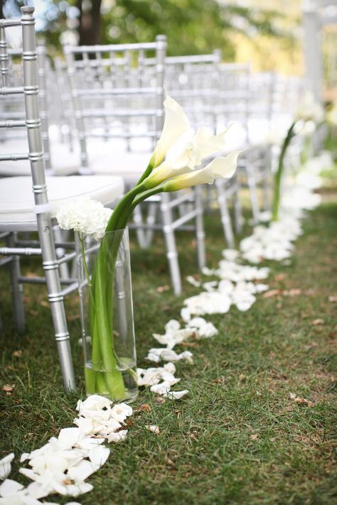 Aisle decor, outdoor wedding ceremony, white rose petals, white calla lilies Calla Lily Wedding Ceremony, Calla Lily Wedding Decorations, Aisle Decor Outdoor, Wedding Courtyard, Calla Lillies Wedding, Wedding Flowers Ceremony, Wedding Aisle Decorations Outdoor, Wedding Church Aisle, White Rose Petals