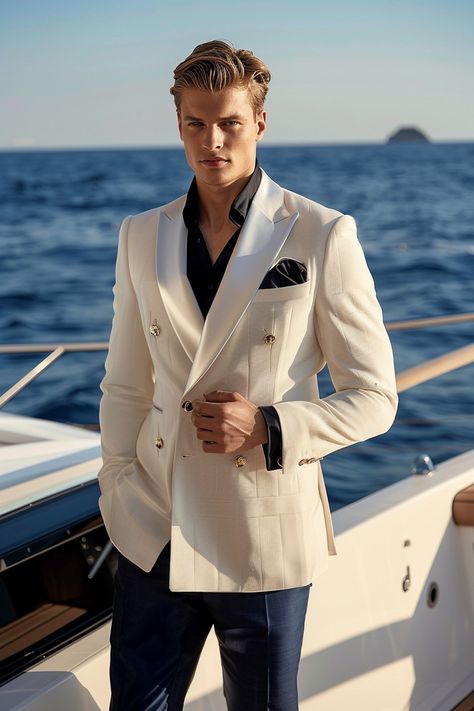 Dive into seaside elegance with Boss Men's Style on a yacht setting the stage 🛥️. The perfect blend of formal and nautical, capturing the essence of maritime gala vibes. #Fashion #Style #MensWear #Luxury #YachtLife #Seaside #Wedding #NauticalChic Embrace the ocean breeze in style. Nautical Fashion Men, Yacht Fashion, Nautical Chic, On A Yacht, Classic Menswear, Yacht Life, Seaside Wedding, A Yacht, Boss Man