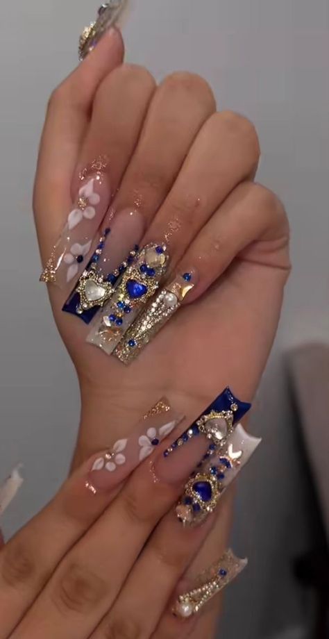 Navy Blue And Gold Nails Acrylic, Navy Blue Quince Nails, Base Nail Designs, Nude Base Nail Designs, Navy Blue And Gold Nails, Blue Gold Nails, Nails Aesthetics, Acrylic Nails Ideas, Quince Nails