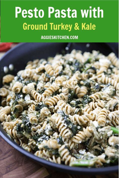 This healthy Pesto Pasta with Ground Turkey and Kale is a super easy weeknight meal that will get your kids eating kale! Hearty and healthy recipe for busy nights. Recipe via aggieskitchen.com  #groundturkey #pasta #pastarecipe #pesto #healthyrecipe #healthydinner #aggieskitchen via @aggieskitchen Ground Turkey Pesto Pasta Recipes, Ground Turkey Pesto Recipes, Pesto And Ground Turkey, Kale And Ground Turkey Recipes, Ground Chicken Pesto Pasta, Ground Turkey Kale Recipes, Pesto Ground Turkey, Ground Turkey Pesto Pasta, Turkey Pesto Pasta