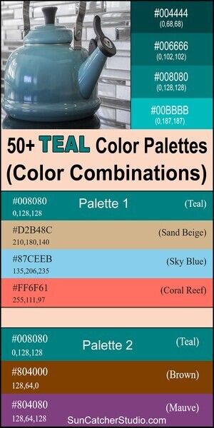 Teal Color Palette (Combinations, Schemes & Ideas) – DIY Projects, Patterns, Monograms, Designs, Templates What Color Compliments Teal, Denim Color Combinations, Mcm Blue Paint Colors, Teal Complimentary Colors, Colors That Go With Teal, Teal Brand Color Palette, Teal Colour Combinations, Teal Quilts Ideas Color Combos, Teal Logo Color Palette