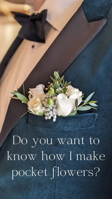 Rebecca Hobbs Floral Design |Cotswold Florist | The latest trend for the guys, pocket flowers! A simple fool proof way to wear flowers. See how I make mine, easy and practical. Save for… | Instagram Buttonaire Wedding Groomsmen, Pocket Boutonniere Winter, Flower Pocket Square Diy, Prom Pocket Square Flowers, White Flower Pocket Boutonniere, Floral Pocket Square Boutonniere Diy, How To Make Button Holes, Pocket Square Boutonniere Diy, Boutonniere Pocket Square