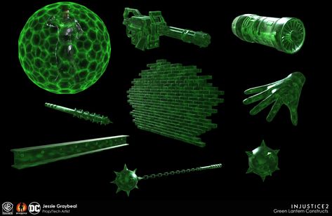 I was responsible for setting up the material effect for Green Lantern's Constructs. The effect was made to be applied to any object, with the only unique textures for each object being a highlighted edge to aid in the glow, and a normal map for more important, large scale props. The material was also setup to be able to pull the color palette information from the Shader the player uses, tinting the constructs to match. For the sphere shield, I set up WPO/masking and a single parame... Energy Constructs Superpower, Energy Constructs, Green Lantern Construct, Green Lantern Powers, Lantern Rings, Blue Lantern, Ben 10 Comics, Green Lantern Corps, Super Powers Art