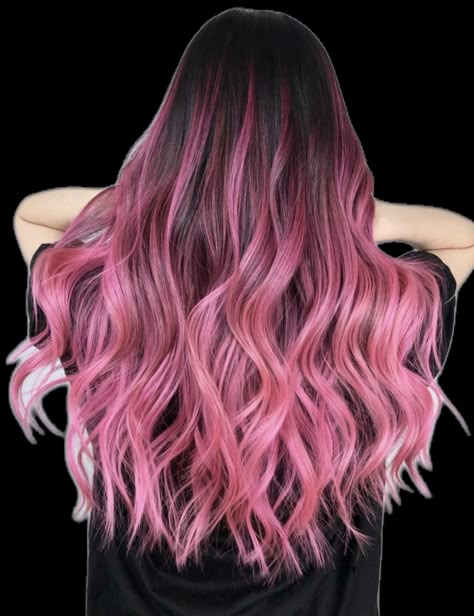 Dark To Light Pink Ombre Hair, Dark Roots Pink Hair Balayage, Pink Underdye Hair, Balayage Pink, Vivid Highlights, Underdye Hair, Dark Auburn Hair Color, Pink Hair Highlights, Exotic Hair Color