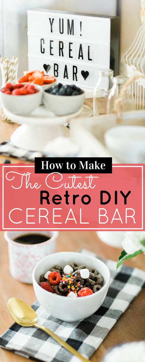 Looking for a unique and easy party dessert station? We're showing you how to put together a DIY retro cereal bar; perfect for a festive and memorable brunch, throwback party, pajama-themed soirée, or sleepover for your kids and their friends! Click through for the details. #brunch #brunchideas #cerealbar #cerealstation #party #partyideas #sleepoverparty #pajamaparty | glitterinc.com | @glitterinc Breakfast Theme Ideas, Cereal Party Ideas, Cereal Buffet Bar, Cereal Bar Ideas, Easy Brunch Buffet, Cereal Bar Party, Cereal Bars Party, Cereal Buffet, Cereal Party