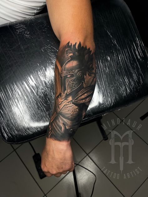 Minotaur Tattoo, Spartan Tattoos, Boyfriend Tattoo, Tato Irezumi, Calf Tattoo Ideas, Forearm Cover Up Tattoos, Warrior Tattoo Sleeve, Gladiator Tattoo, Tiger Tattoo Sleeve