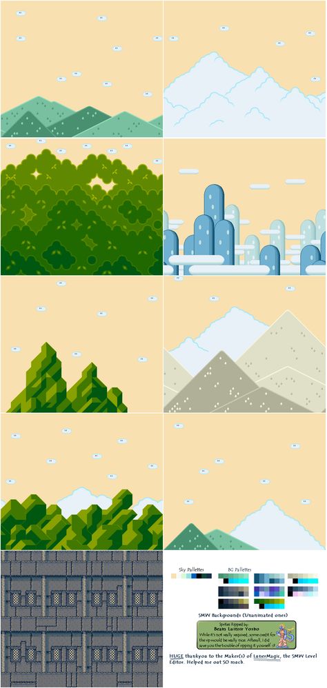 Super Mario World - Backgrounds Super Mario World Background, Super Mario Background Landscape, Mario Background, Infographics Illustration, Mario Crafts, Maps Aesthetic, Its My Birthday Month, Video Game Sprites, Cute Pink Background