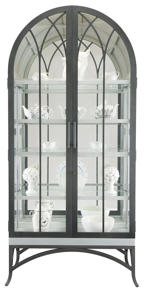 Ramona 40'' Wide Curio Cabinet with Lighting Lockable Storage, Howard Miller, Dining Cabinet, Glass Cabinets Display, Arched Doors, Curio Cabinet, Iron Metal, Metal Shelves, Cabinet Design