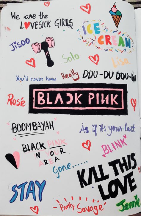 Hello Blinks hope you liked my doodle art. If u did please follow me. Kpop Sketch Easy, Kpop Easy Drawings, Blackpink Doodle Art, Kpop Doodle Art, Black Pink Journal, Blackpink Doodle, Blackpink Song Lyrics, Kpop Scrapbook Ideas, Kpop Doodles