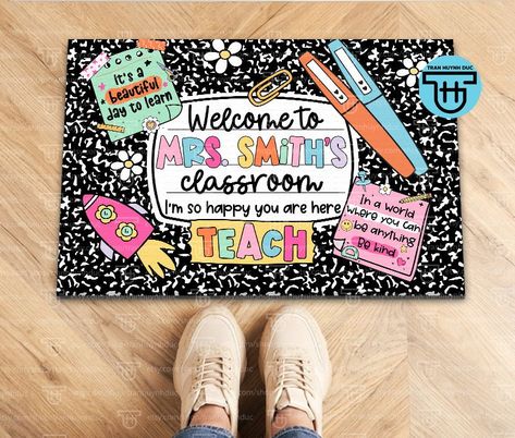 Teacher Doormat Personalized Classroom Decoration Back To School Office Door mat Classroom Gift Decor Teacher Appreciation Gift Porch Decor ↓ See the rest of our trendy collections here ↓ https://www.etsy.com/shop/tranhuynhduc Materials: Polyester microfiber fabric cover with rubber base - Color: Bright and vivid colors, sublimation printing - One side printing (front side), the backside is blank - Do not use strong chemicals, bleach, or abrasive cleaners * I am available most hours of the day to answer any concerns you have. We want you to be satisfied! Classroom Door Mat, Classroom Cricut Door Signs, Cricut Teacher Door Sign, Teacher Desk Makeover, Decoration Back To School, Classroom Door Signs Teacher Name, Teachers Name Sign For Door, Doormat Personalized, Teacher Door Decorations