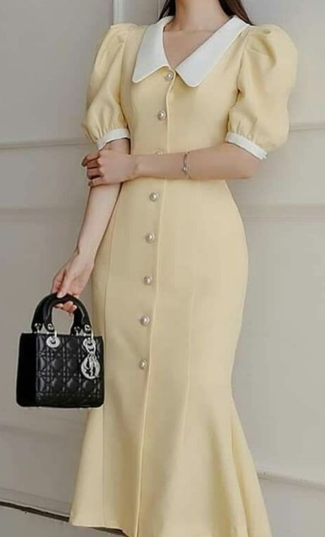 Simple Dress Design Classy, Simple Dresses Classy Elegant, Yellow Korean Dress, Classy Korean Dress, Korean Sunday Dress, ဂါ၀န် Design, Outfit Ideas Korean Dress, Dress Korean Style Simple, Dress Korean Style Formal