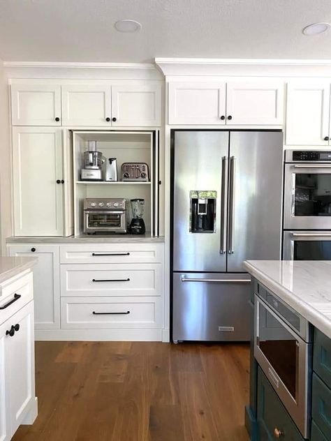 Stove And Refrigerator On Same Wall Small Kitchen, Sink Stove Fridge Layout, Fridge Double Oven Wall, White Kitchen Silver Appliances, Kitchen Desighn, Stainless Refrigerator White Kitchen, White Fridge Stainless Stove, Gothic Interior Design, Refrigerator Wall