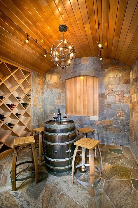 Connoisseur’s Delight: 20 Tasting Room Ideas to Complete the Dream Wine Cellar Contemporary Wine Cellar, Design Interior Modern, Wine Barrel Table, Wine Cellar Basement, Wine Cave, Home Wine Cellars, Barrel Table, Wine Tasting Room, Wine Cellar Design