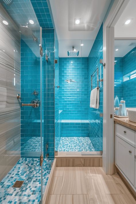 Get inspired by these stunning walk-in shower ideas for small bathrooms Statement Bathroom Ideas, Vintage Small Bathroom Ideas, Small Bathroom Walk In Shower Ideas, Walkin Shower Ideas No Door, Shower Small Bathroom Ideas, Walk In Shower Small Bathroom, Small Bathroom Double Sink, Shower Small Bathroom, Geometric Tiles Bathroom