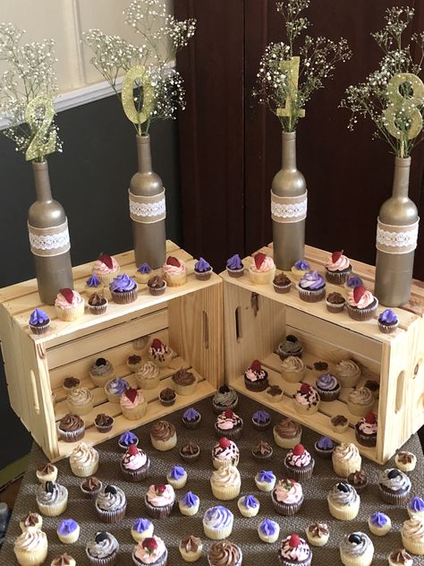 Graduation cupcake display Graduation Cupcake Tower, Graduation Cupcake Display Ideas Diy, Grad Party Cupcake Display, Cupcake Display Ideas Graduation, Graduation Cake Table Ideas, Graduation Cupcake Display, Graduation Cupcake Stand, Grad Banquet, Summer Graduation Party