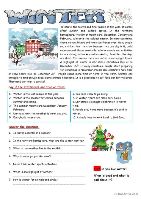 easy reading: winter general gramma…: English ESL worksheets pdf & doc Winter Comprehension, Winter Reading Activities, Weather Activities Preschool, Weather Lessons, Weather Worksheets, Teach English To Kids, Reading Comprehension For Kids, Esl Reading, Reading Comprehension Lessons