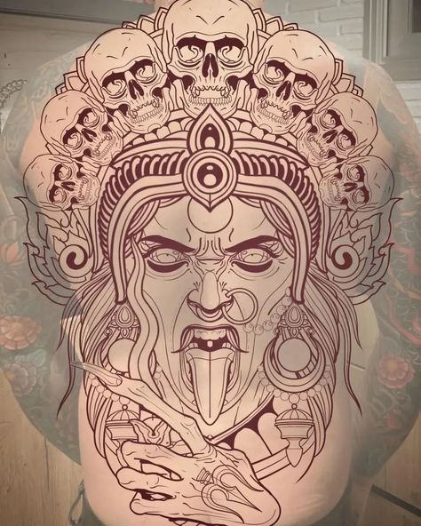 Follow @blacksckulter Nice ideas from @myrhwan Want to get a tattoo but can't find a design? Order your custom tattoo design here 👉… | Instagram Full Back Blackwork Tattoo, Kali Tattoo Design, Desain Tattoo, Buddha Tattoo Sleeve, Kali Tattoo, Sak Yant Tattoo, Egypt Tattoo, Biomechanical Tattoo, Full Back Tattoos