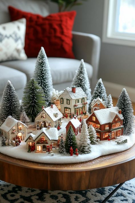 Christmas Villages Ideas, Christmas Decor Living Room Table, X Mas Decoration Ideas House, Simple Christmas Living Room Ideas, Idea For Christmas Decorating, Simple Xmas Decor, Snowy Village Christmas Decor, Christmas Coffee Table Decorations, Christmas Interior Decor Living Rooms