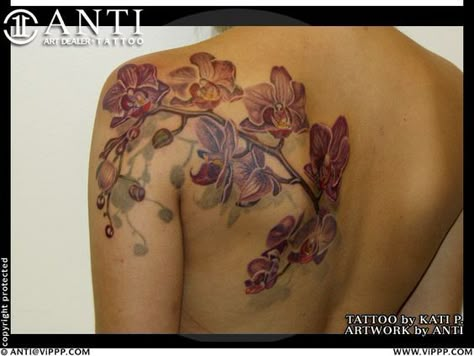 Anti Tattoo, Orchid Flower Tattoos, Orchid Design, On Tattoo, Orchid Tattoo, Boho Tattoos, Tattoo Flowers, Flower Tattoo Shoulder, Back Of Shoulder Tattoo