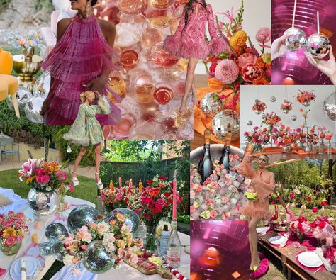 60s Garden Party, Disco Garden Party Aesthetic, Garden Disco Party, Outdoor Disco Party, Disco Dinner Party, Disco Hens, Disco Garden Party, Garden Disco, Bridesmaid Dinner