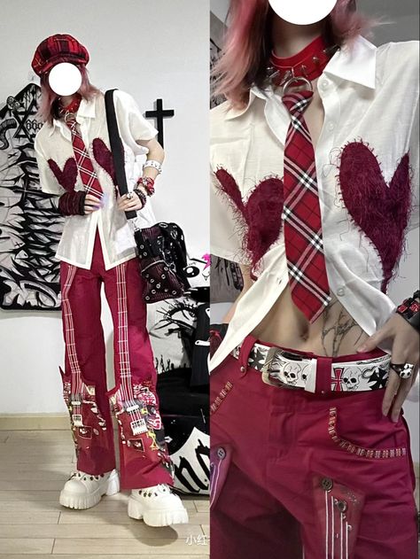 Cupid Inspired Outfits Male, Red Harajuku Outfit, Red Jeans Outfit Men, Valentine Y2k Outfits, Emo Valentines Day Outfits, Masc Valentines Outfit, Love Core Outfits Male, Love Core Fashion, Lovecore Outfits Men