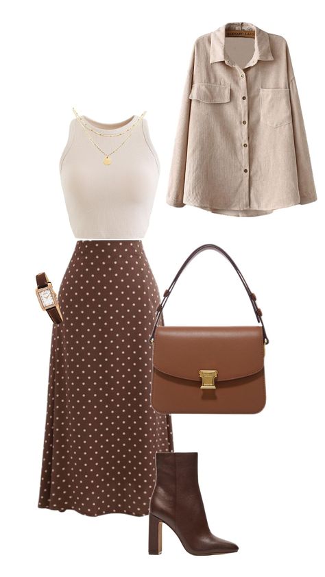 Brown Combo Outfit, Aesthetic Skirt, Easy Hairstyles For Thick Hair, Modesty Outfits, Church Outfits, Old Money Aesthetic, Brown Aesthetic, Groom Style, Fashion Vintage