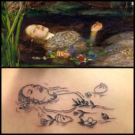 Jhon Everett Ophelia Art Illustration, Garden Of Earthly Delights Tattoo, Surrealist Tattoo Ideas, Ophelia Painting Tattoo, Famous Painting Tattoos, Fiona Apple Tattoo Ideas, Fern Gully Tattoo, Ophelia Drawing, Anthropology Tattoo