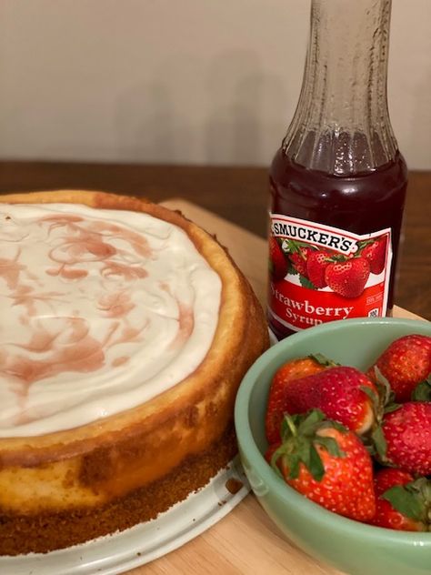 SIMPLE STRAWBERRY CHEESECAKE – The Flour Diaries™ Sour Cream Topping, Light Cheesecake, Pink Food Coloring, Strawberry Syrup, Pink Foods, Springform Pan, Cream Tops, Graham Cracker Crumbs, Strawberry Cheesecake