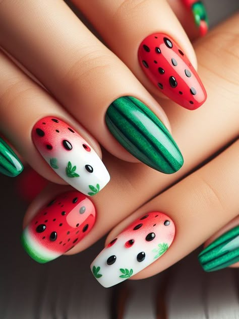 Summer's sweetest mani! Beat the heat with refreshing watermelon nail art designs for 2024. These juicy slices in vibrant pinks and greens are sure to add a touch of summertime fun to your fingertips. Watermelon Gel Nails, Watermelon Nails Design, June Nail Art, Summertime Nails, Watermelon Nail Designs, Watermelon Nail, Watermelon Nail Art, Nail Vibes, Funky Nail Designs