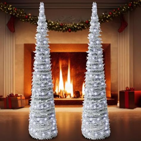 Pull Up Christmas Tree, Fireplace Indoor Outdoor, Pop Up Christmas Tree, Coastal Tree, Fireplace Indoor, Xmas Fireplace, White Tinsel, Pencil Tree, Christmas Tree Light