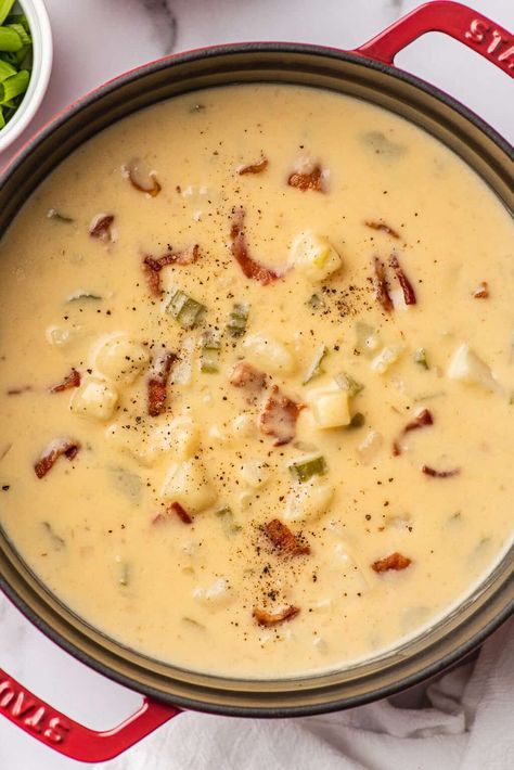 This potato bacon soup is loaded with chopped bacon, cheese, and chunks of potato. It makes a quick and easy dinner that everyone will love. Potatoe Bacon Cheese Soup, Potato Bacon Cheddar Soup, Potatoes And Bacon Soup, Potatoe Bacon Soup Recipe, Potato And Bacon Soup Recipes, Cheddar Cheese Potato Soup, Cheesy Bacon Potato Soup, Cheesy Baked Potato Soup, Cheesy Broccoli Recipe