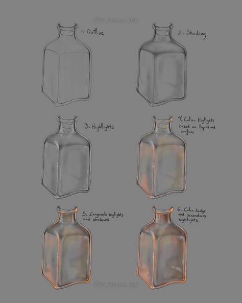 A tutorial of how i painted glass bottles for magic potions, glass was a hard thing to figure out for me since it is transparent yet has such harsh shadows and highlights. Glass Jar Reference, Potion Bottles Drawing Tutorial, Draw Glass Tutorial, How To Draw Bottles, How To Paint Transparent Objects, Glass Bottle Reference, Bottle Drawing Tutorial, Glass Containers Art, How To Paint Glass Digital Art