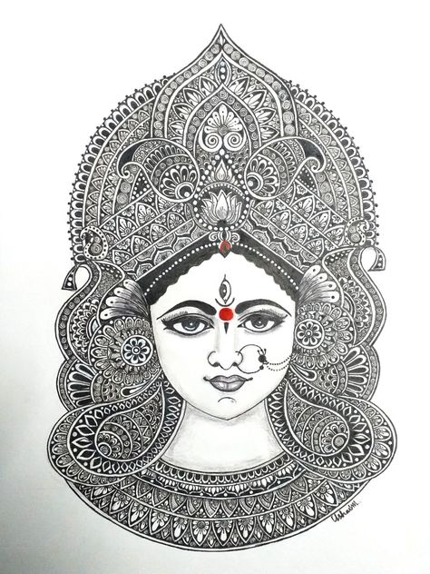 Goddess Durga mandala art Devi Mukut Design, Mandela Art Durga Maa, Mandala God Art, Dusshera Mandala Art, Aesthetic Zentangle Art, Mandala Art Durga Maa, Mandala Durga Maa, Durga Devi Mandala Art, Khatu Shyam Mandala Art