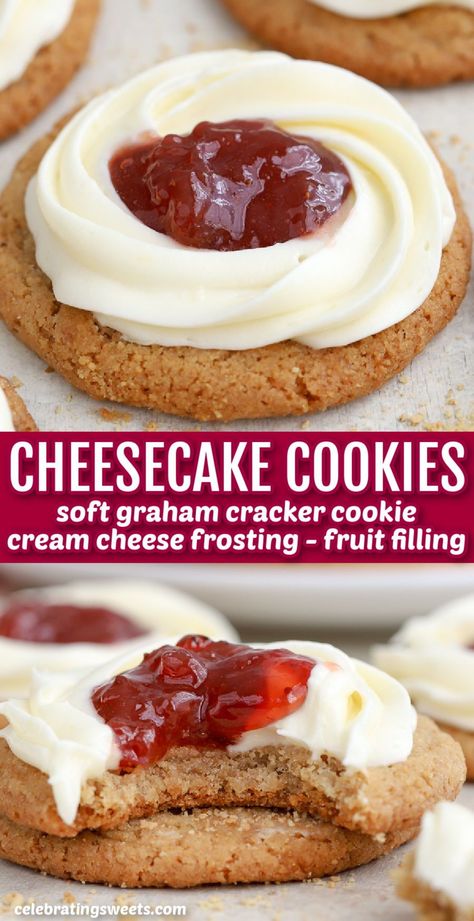 All the flavors of cheesecake in a cookie! Soft and chewy graham cracker cookies topped with cream cheese frosting and a fruity filling. Valentines Crumble Cookies, Frosting Filled Cookies, Cookies With Frosting On Top, Cream Cheese Christmas Desserts, Gram Cracker Cookies, Sugar Cookie Topping Ideas, Cookies With Frosting Recipes, Cream Cheese Filling For Cookies, Cookie Toppings Ideas