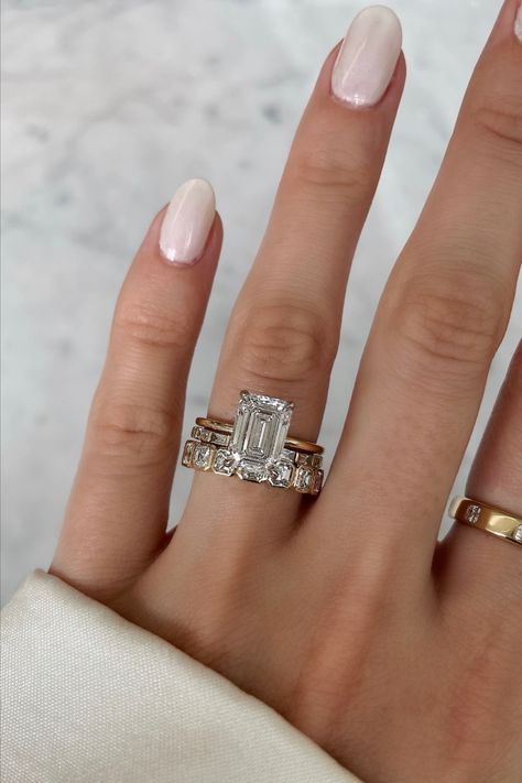 Emerald Cut Ring Band, Emerald Ring And Band, Emerald Diamond Ring With Wedding Band, Emerald Ring With Band, Emerald Engagement Ring Wedding Band, Emerald Ring Wedding Band, Wedding Band Emerald Engagement Ring, Two Tone Emerald Engagement Ring, Emerald Cut Engagement Ring Wedding Band