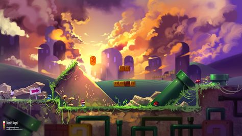 Super Mario Landscape, Herobrine Wallpaper, Mushroom Kingdom, Nintendo World, World Wallpaper, Super Mario World, Super Mario Art, Nintendo Art, Mario Art