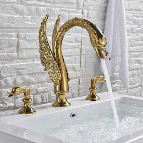 Swan Bathroom, Gold Faucet, Basin Sink Bathroom, Vessel Sink Faucet, Vanity Basin, Brass Bathroom, Widespread Bathroom Faucet, Gold Bathroom, Brass Faucet