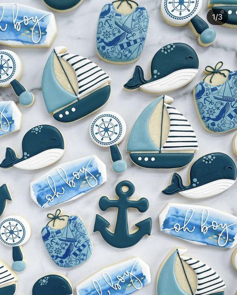 Nautical Cookies, Nautical Cookies Decorated, Ocean Cookies, Nautical Themed Desserts, Under The Sea Baby Shower Ideas For Boys, Yacht Cookies Decorated, Nautical Theme Cookies, Nautical Boy Baby Shower Ideas, Nautical Birthday Cookies